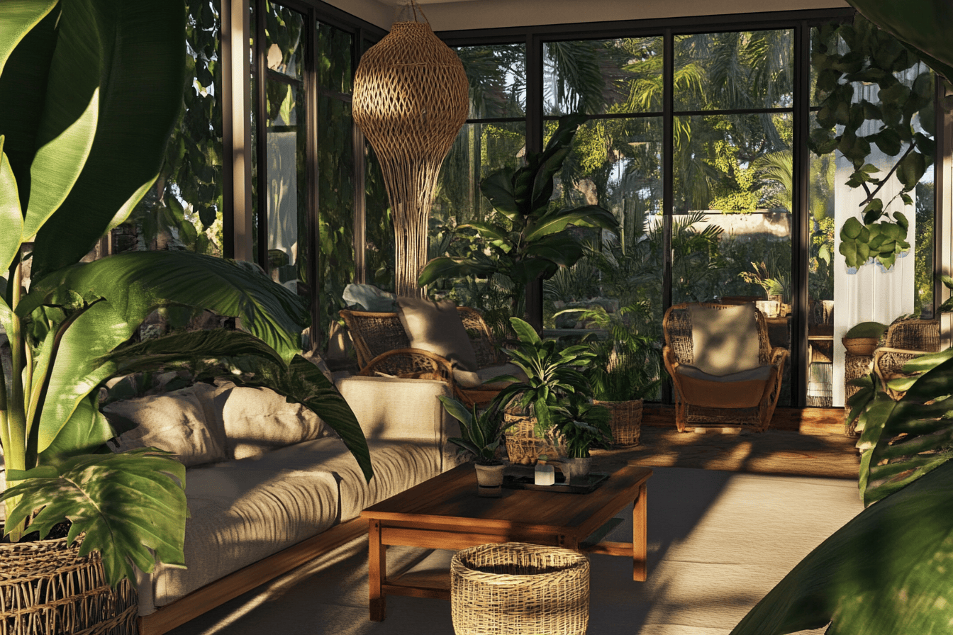 Coin salon décoré de plantes vertes en pots et suspendues pour une ambiance jungle chic