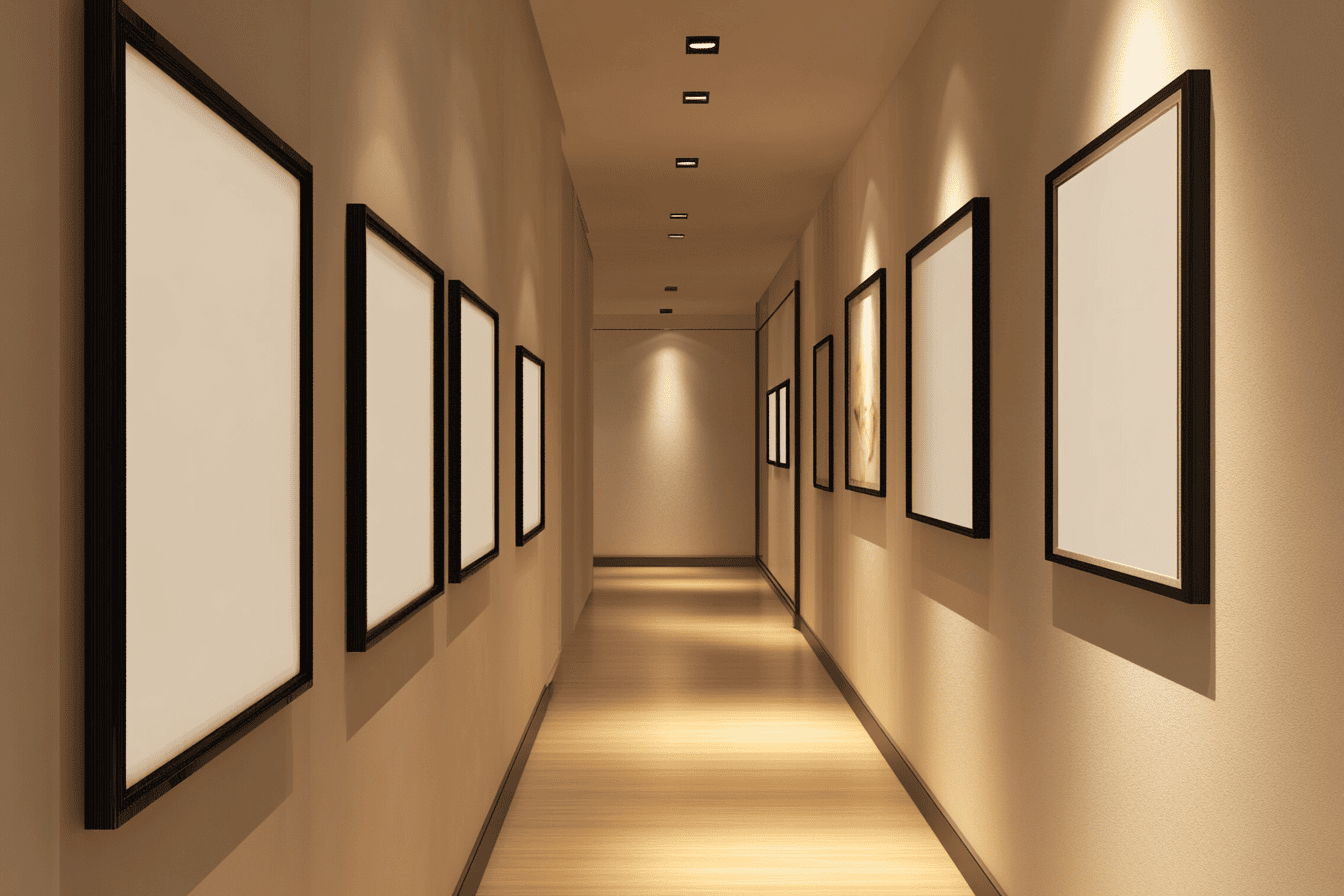 Couloir aux murs beige clair avec cadres noirs minimalistes