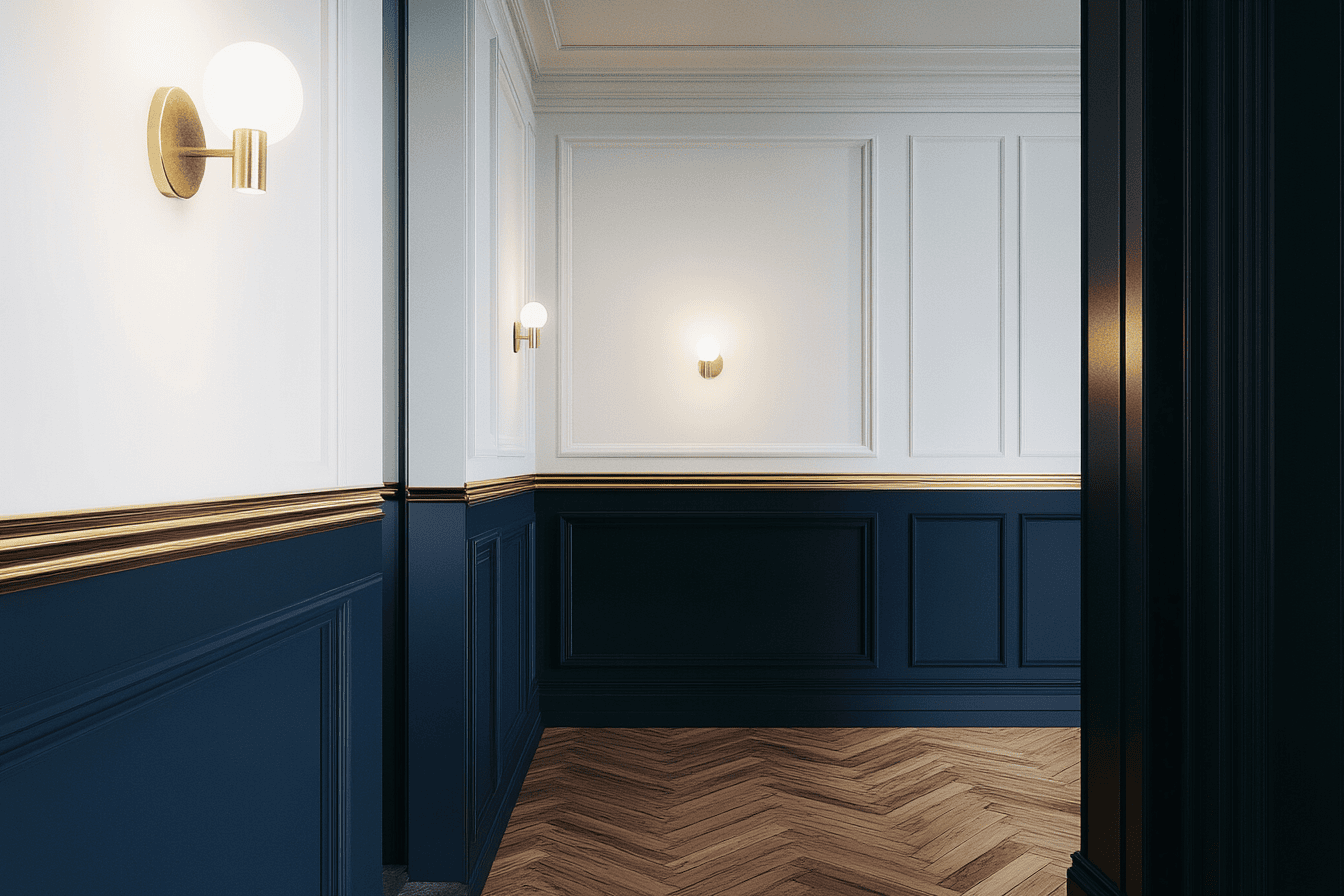 Mur bicolore bleu nuit et blanc dans un couloir, avec moulure dorée et parquet bois massif