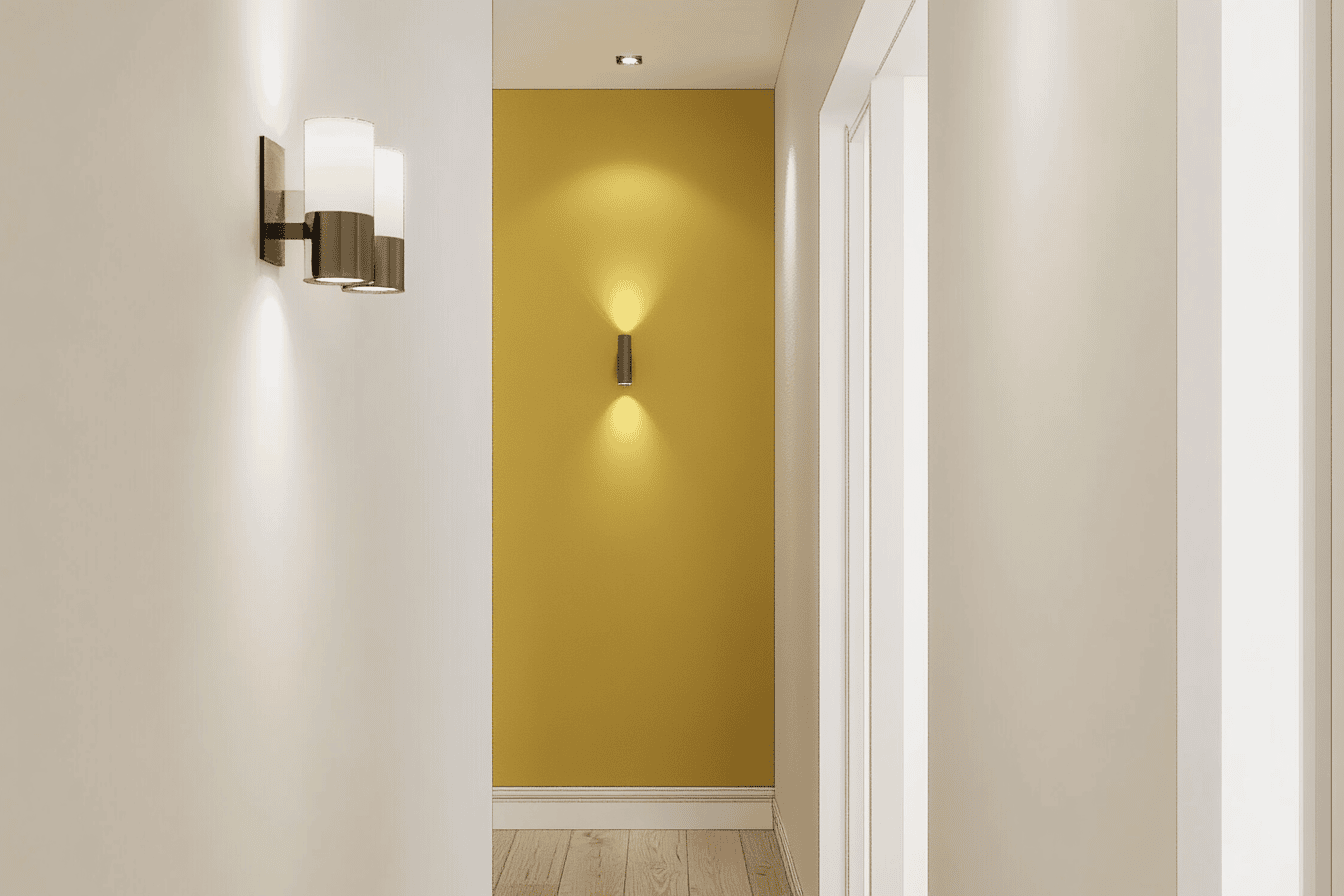 Couloir étroit avec mur de fond jaune moutarde, murs blancs et appliques murales