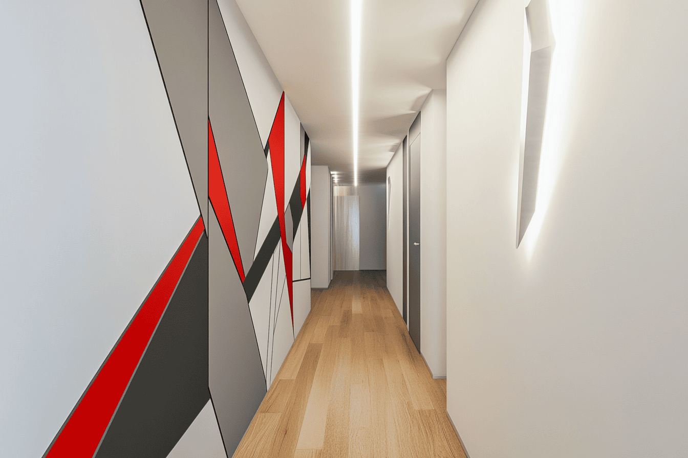Rectangles gris et rouges sur mur blanc dans un couloir avec parquet clair
