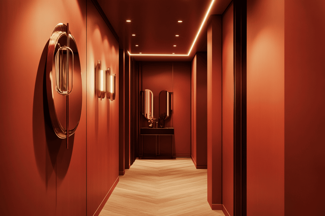 Couloir peint entièrement en terracotta avec luminaires intégrés et déco dorée