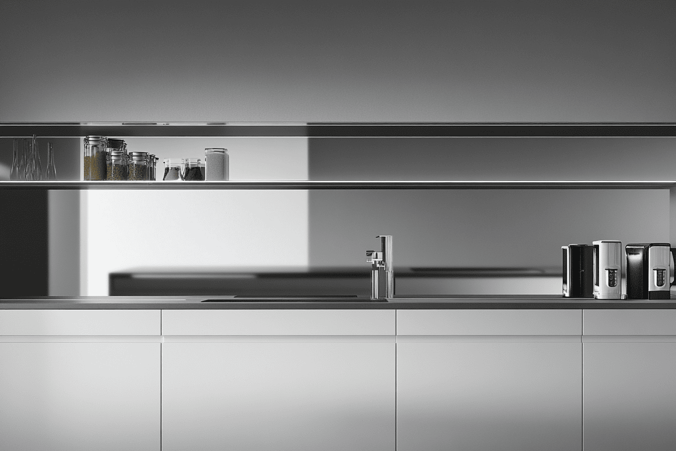 Cuisine compacte avec crédence effet miroir et meubles laqués reflétant la lumière