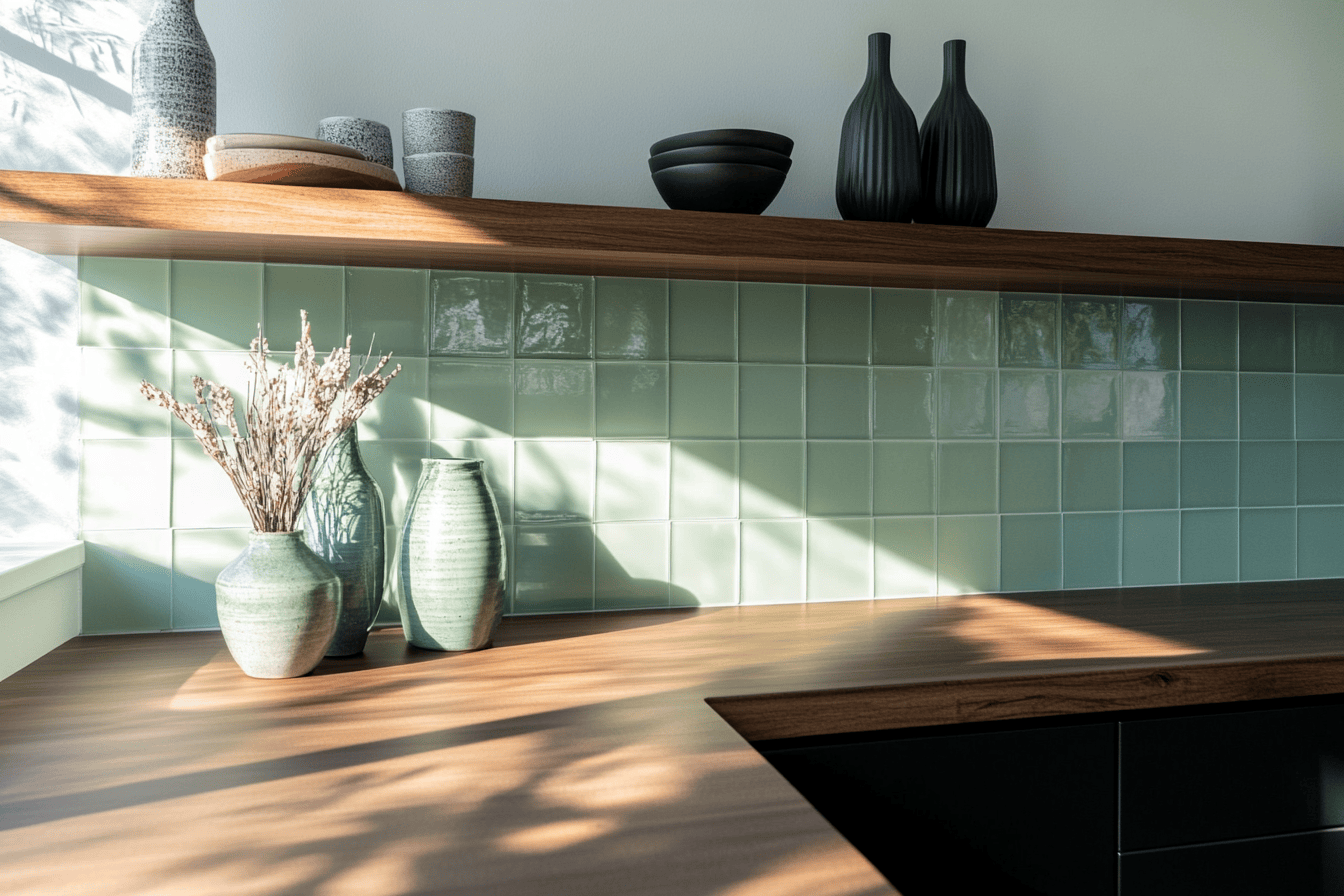 Crédence vert sauge dans une cuisine noire avec plan de travail en bois brut