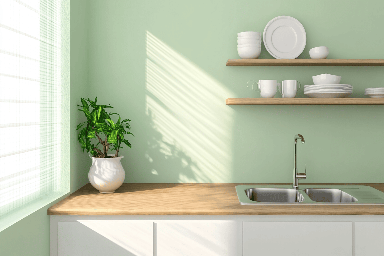 Petite cuisine blanche avec plan de travail en bois clair et murs pastel lumineux