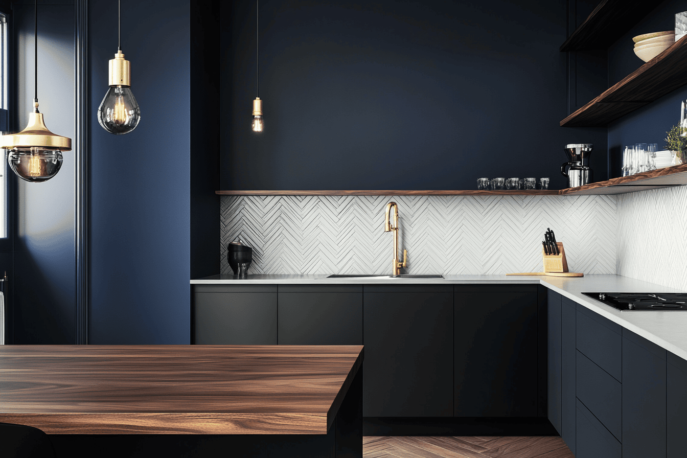 Cuisine chic avec murs bleu nuit, meubles noirs et plan de travail en bois naturel