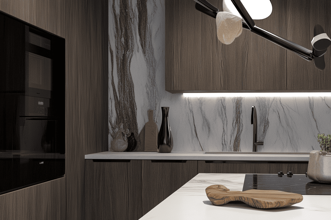 Cuisine contemporaine avec papier peint effet marbre et meubles en bois naturel