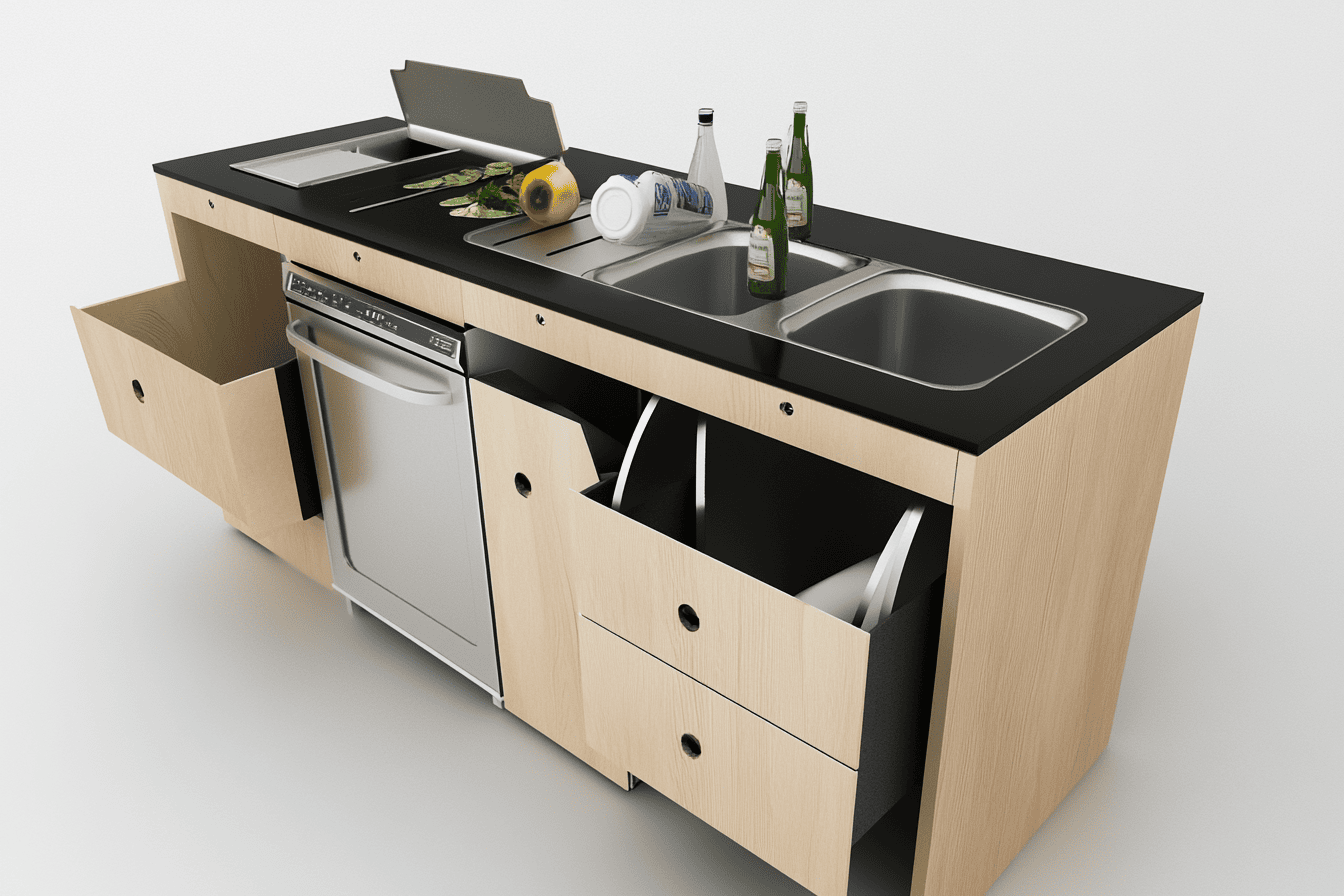 Cuisine écoresponsable avec matériaux recyclés et équipements économes en énergie.