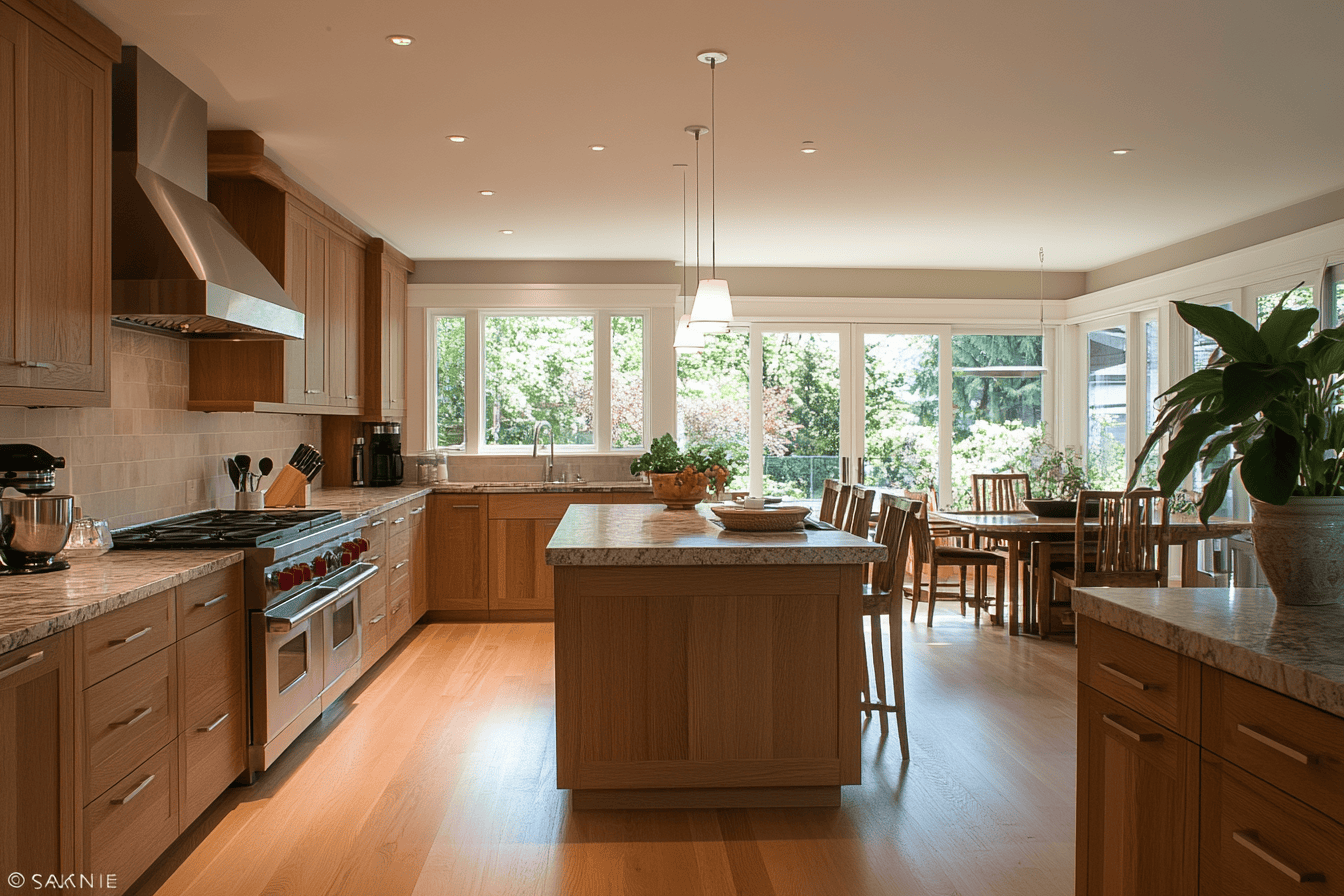 Cuisine Feng Shui lumineuse, plan de travail dégagé, plante verte et ustensiles en bois.
