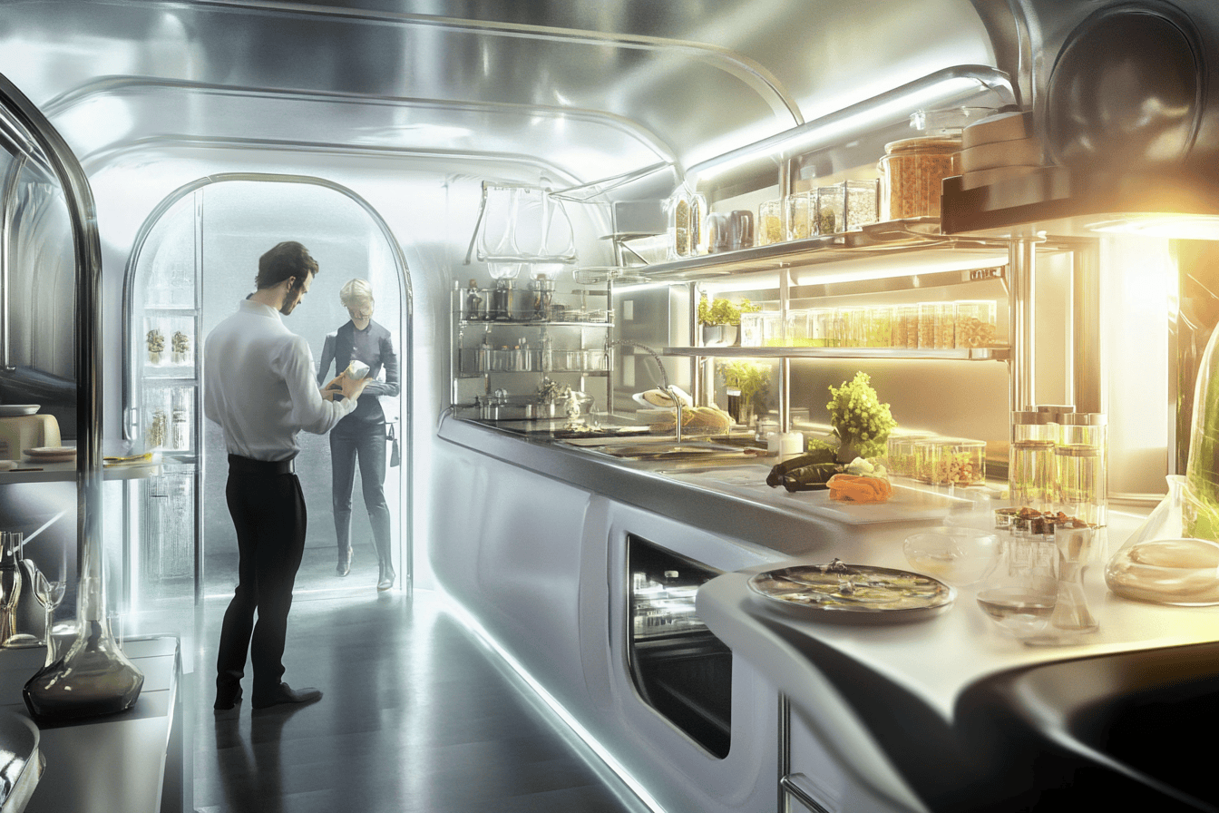 Cuisine moderne et multifonctionnelle avec matériaux innovants et éclairage adaptatif.