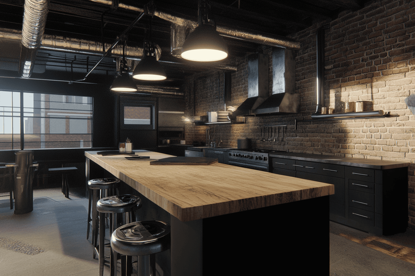 Cuisine style industriel avec îlot central en bois brut et suspensions en métal noir