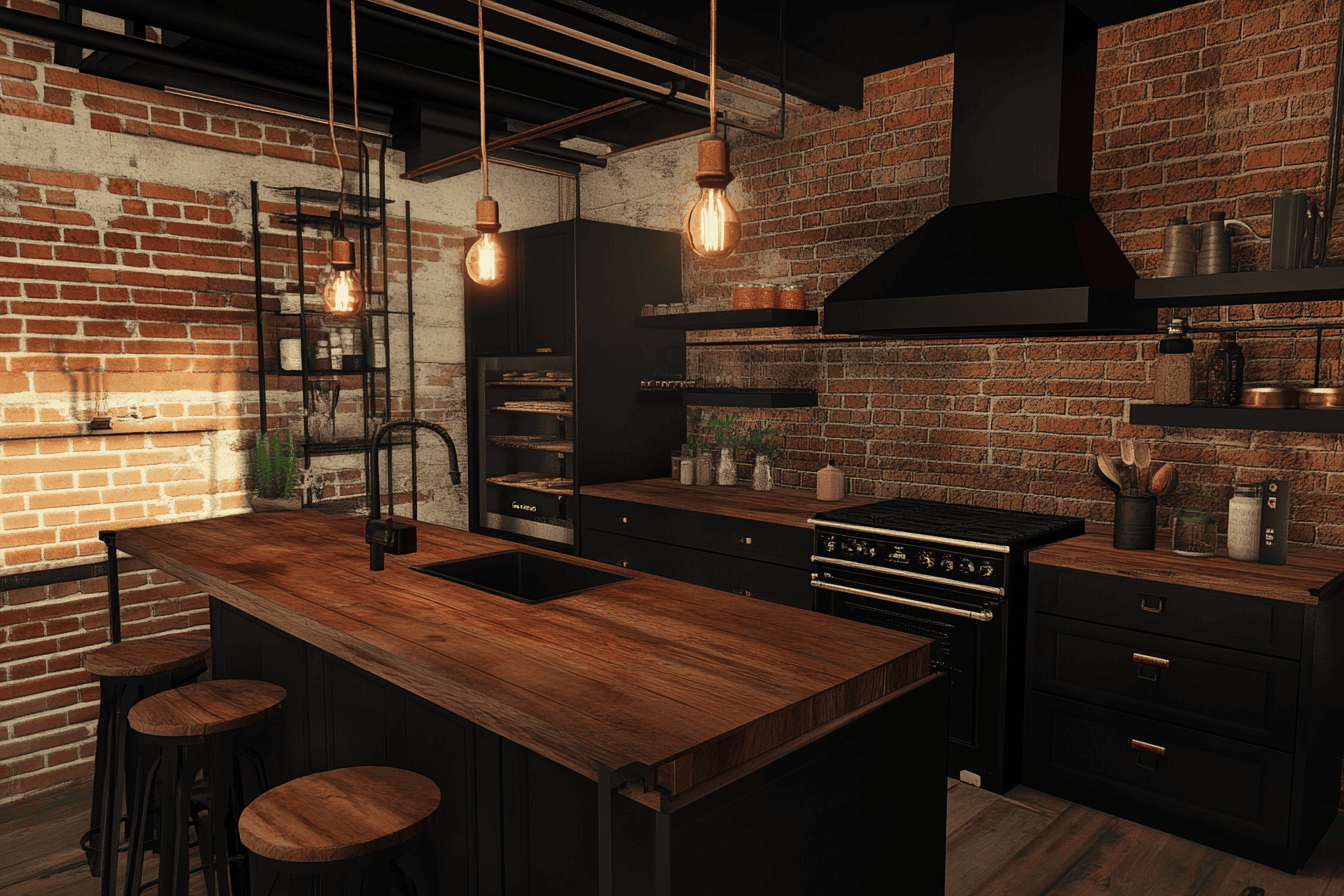 Cuisine noire et bois style industriel avec mur en briques rouges et accessoires en cuivre