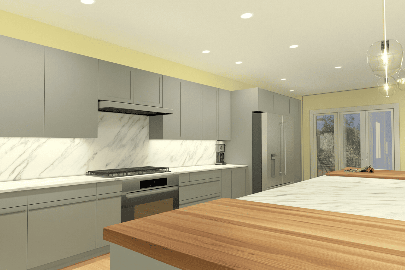 Cuisine contemporaine avec murs jaune pastel et meubles gris clair