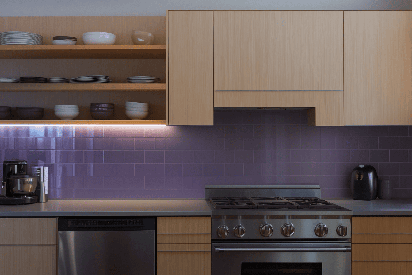 Cuisine moderne avec crédence mauve, plaques métalliques et bois clair.