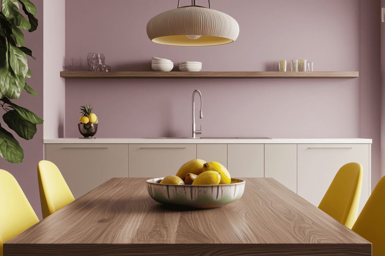 Cuisine rétro avec murs mauves et chaises jaune citron.