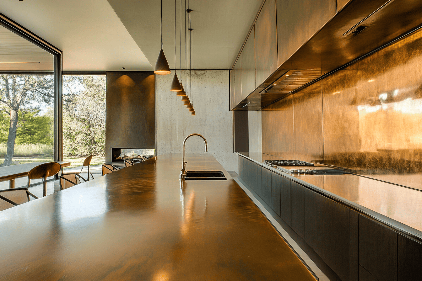 Cuisine moderne avec une crédence bronze et des meubles en bois clair.