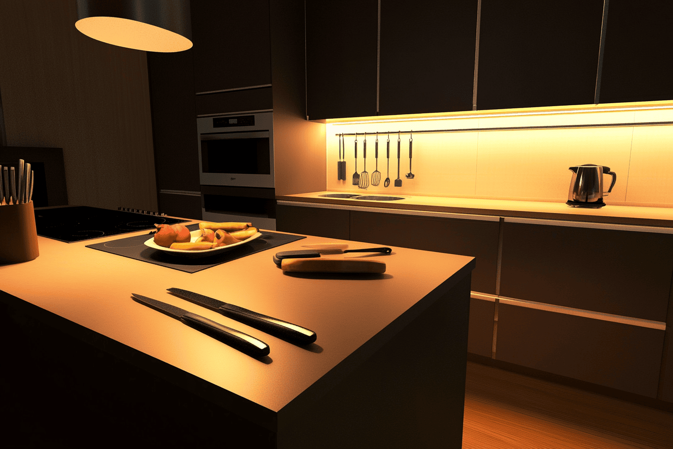 Cuisine moderne avec un grand plan de travail et des rangements optimisés pour un usage quotidien.