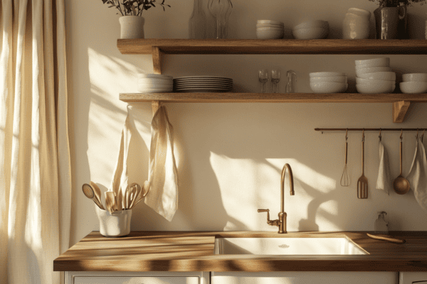 Cuisine lumineuse avec murs couleur sable, plan de travail en bois et rideaux en lin naturel