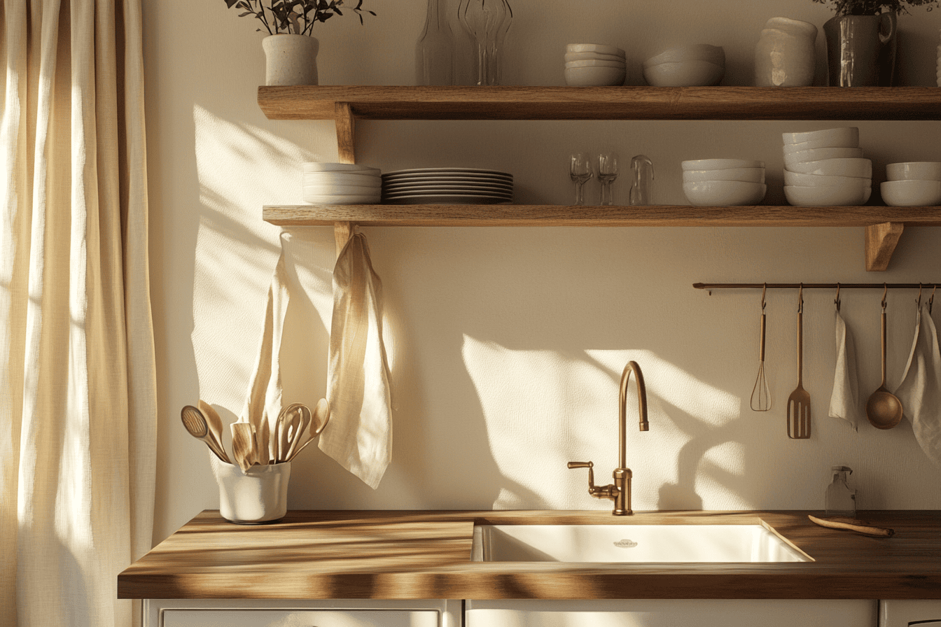 Cuisine lumineuse avec murs couleur sable, plan de travail en bois et rideaux en lin naturel