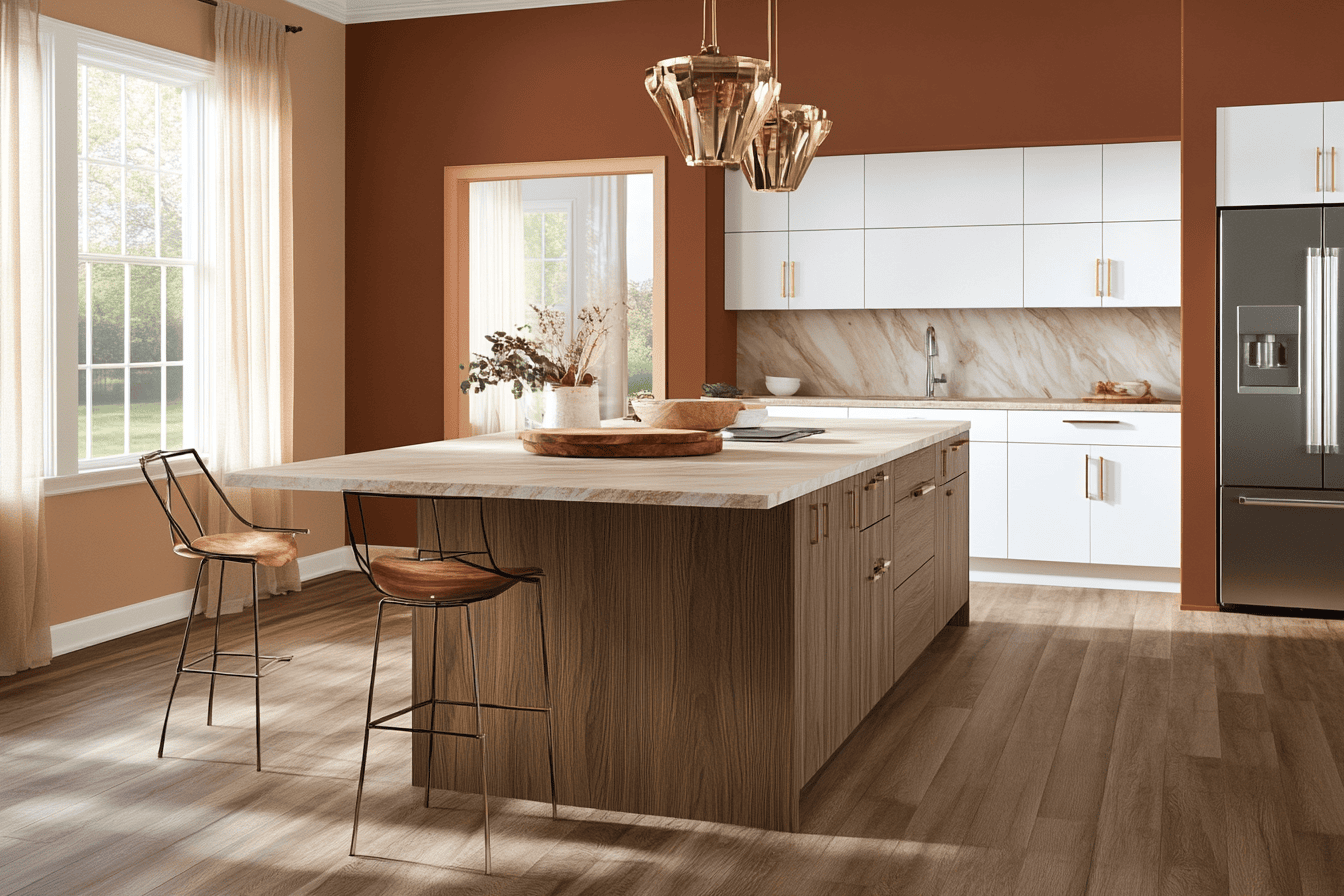 Cuisine moderne avec murs terracotta, îlot central en bois clair et luminaires dorés