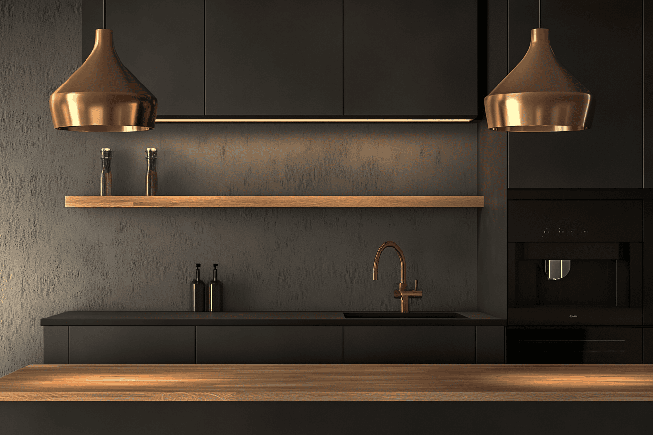Cuisine noire mate avec bois clair et suspensions cuivrées dans un style contemporain