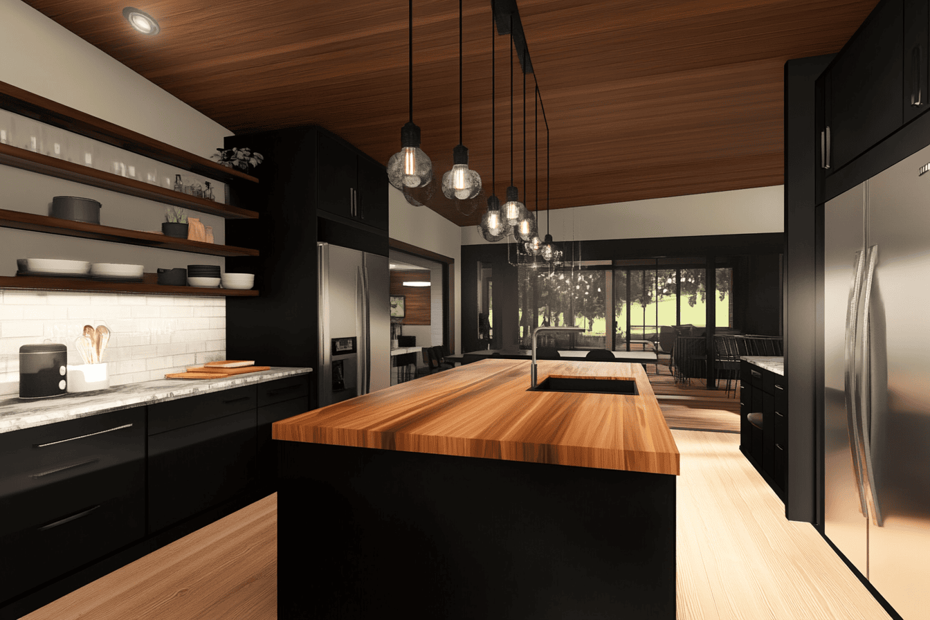 Cuisine noire ouverte avec plan de travail en bois et suspensions métalliques