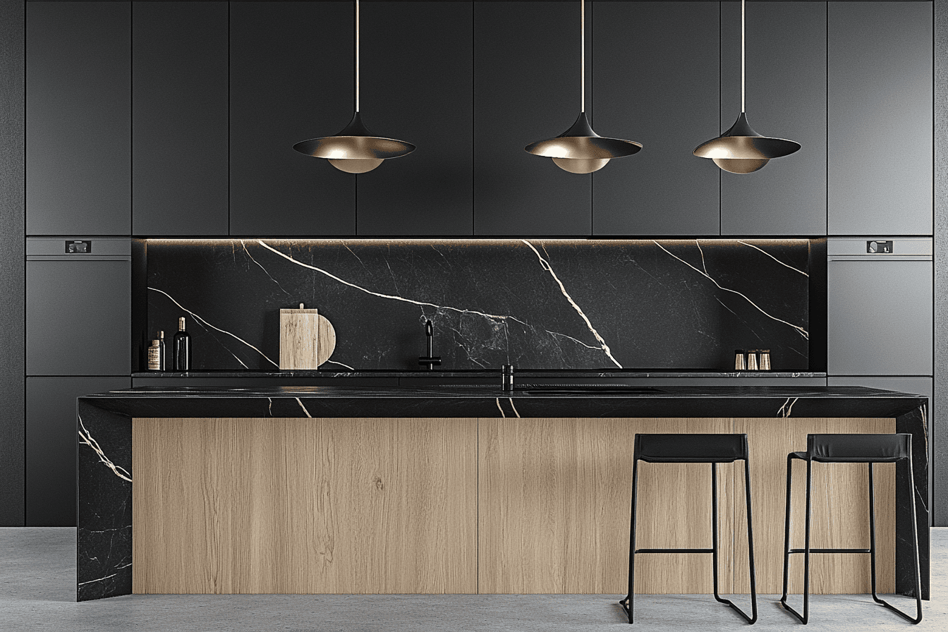 Cuisine noire satinée avec éléments bois et suspensions dorées élégantes