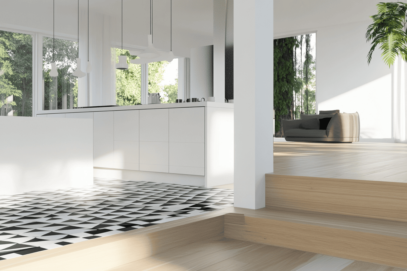 Cuisine blanche surélevée avec carrelage graphique, donnant sur un salon avec parquet clair