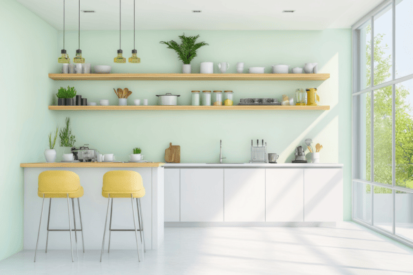 Cuisine douce avec murs vert d’eau pastel, meubles blancs et accessoires jaune moutarde