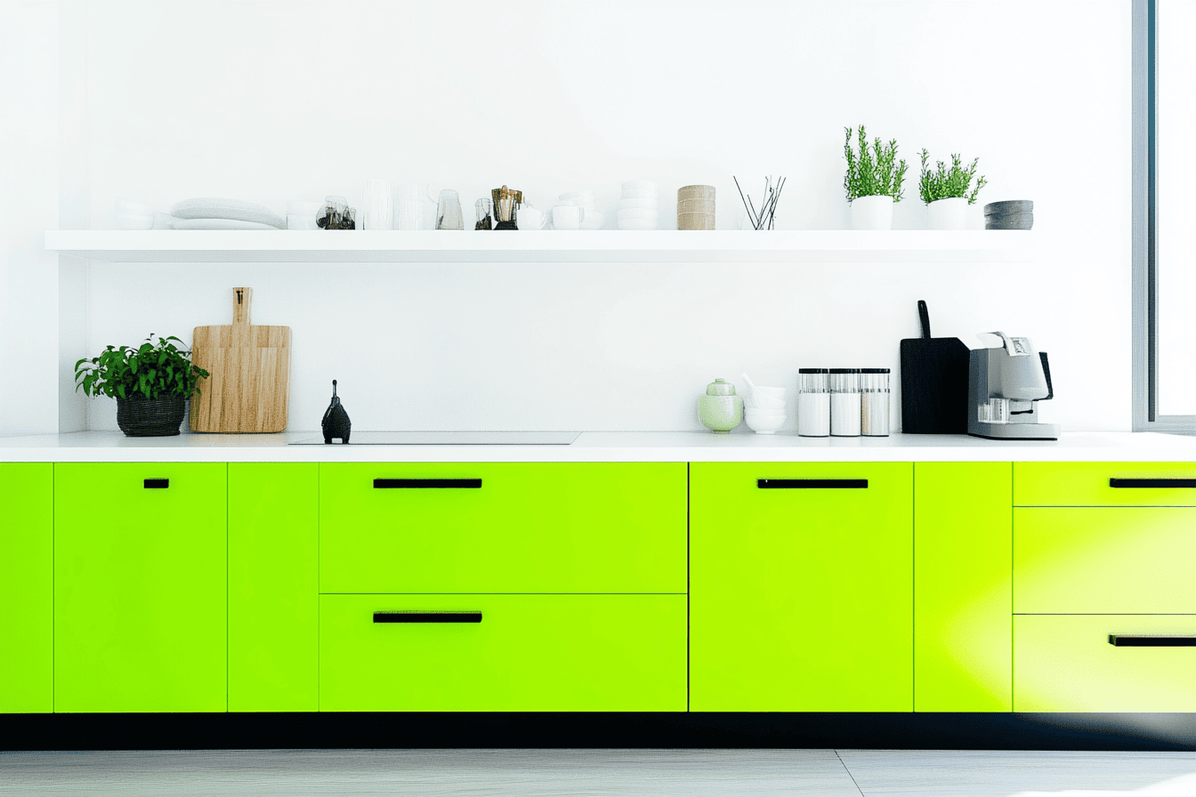 Cuisine moderne avec façades vert néon et murs blancs adoucissants