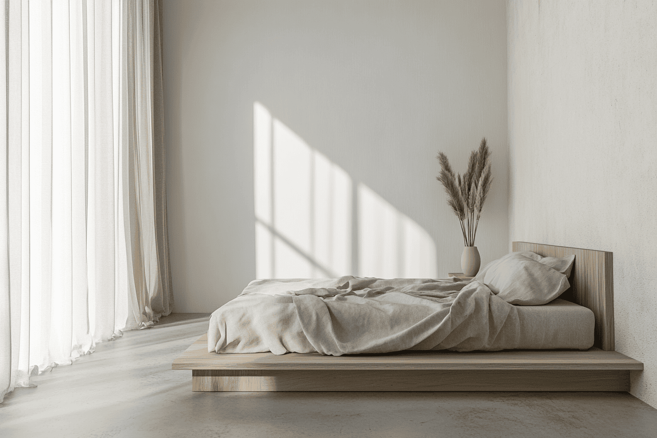 Chambre minimaliste avec murs beige clair, literie en lin blanc et lampe en bois naturel.