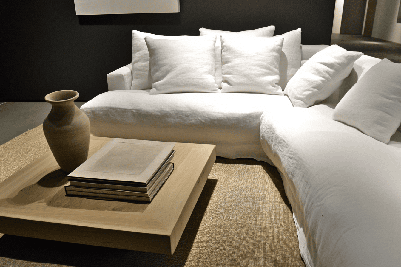 Salon minimaliste avec canapé blanc, table en bois clair et étagère murale épurée.