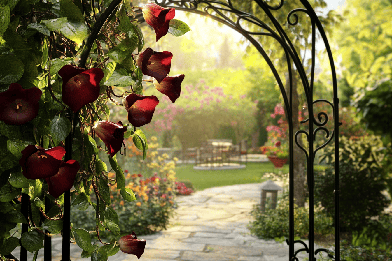 Dipladenia fleuri grimpant sur une arche de jardin