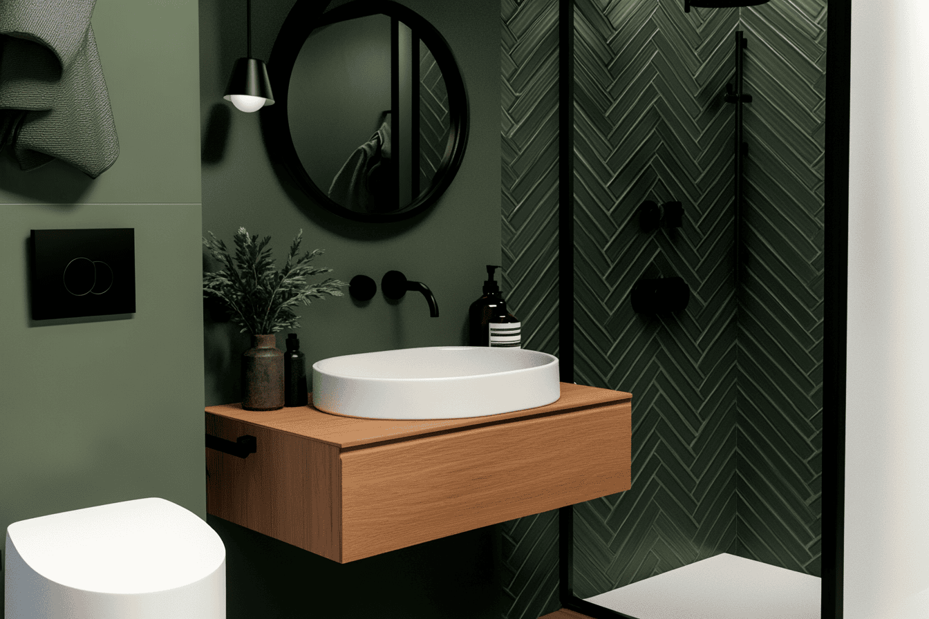 Cabine de douche avec parois vitrées et carrelage blanc, détails noirs modernes