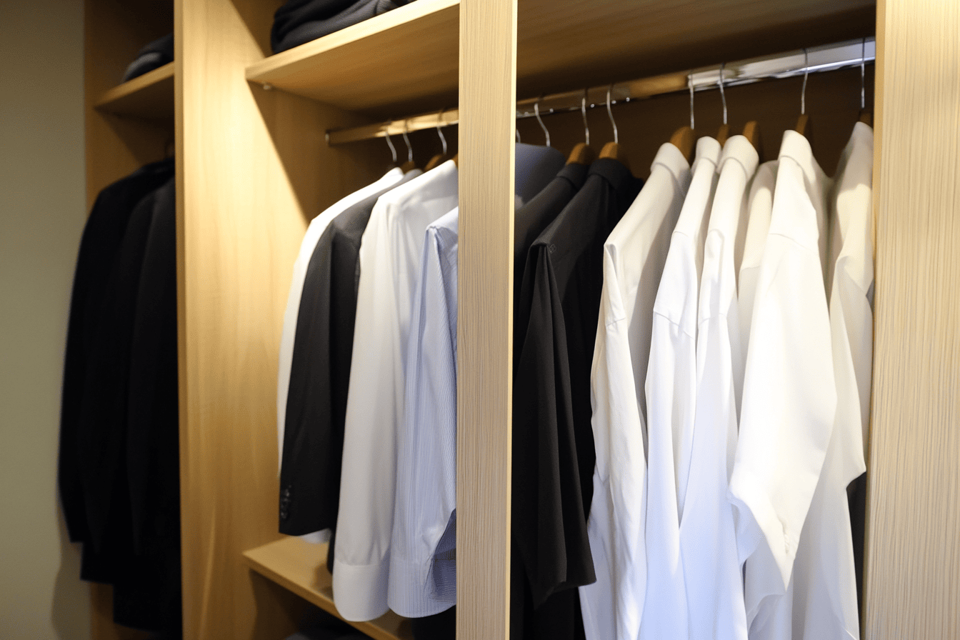 Tringles suspendues dans un dressing moderne, avec vêtements classés par hauteur.