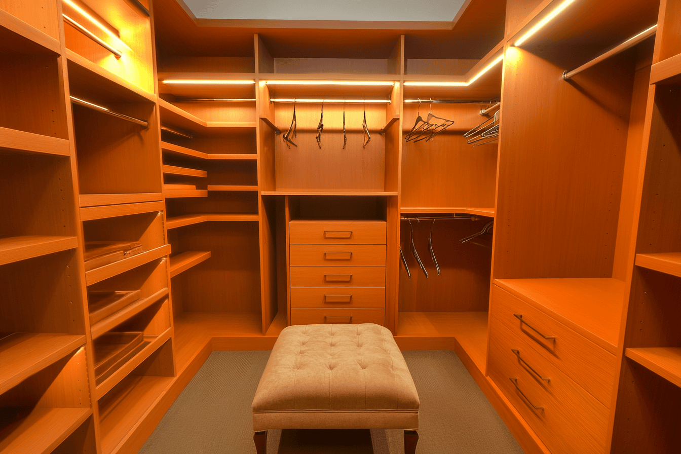 Dressing bien organisé avec vêtements et accessoires classés par catégorie.