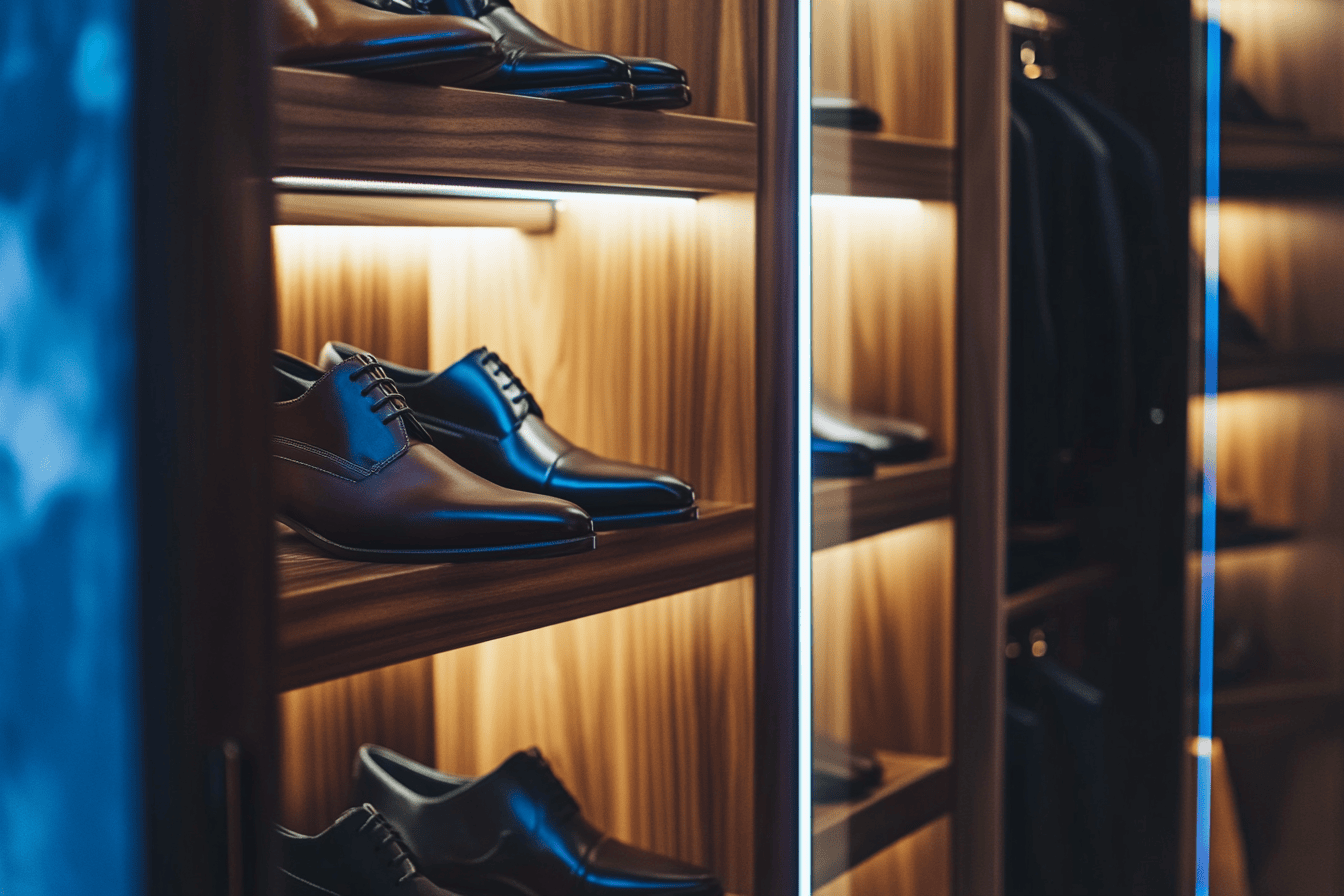 Tiroirs à lingerie et rangements inclinés pour chaussures dans un dressing contemporain.