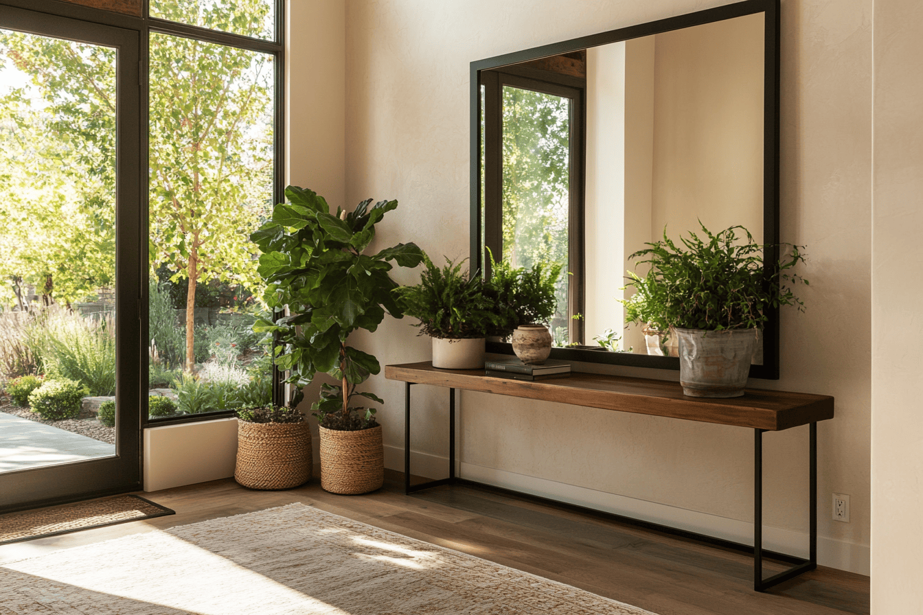 Entrée Feng Shui avec un miroir reflétant un jardin et entourée de plantes.