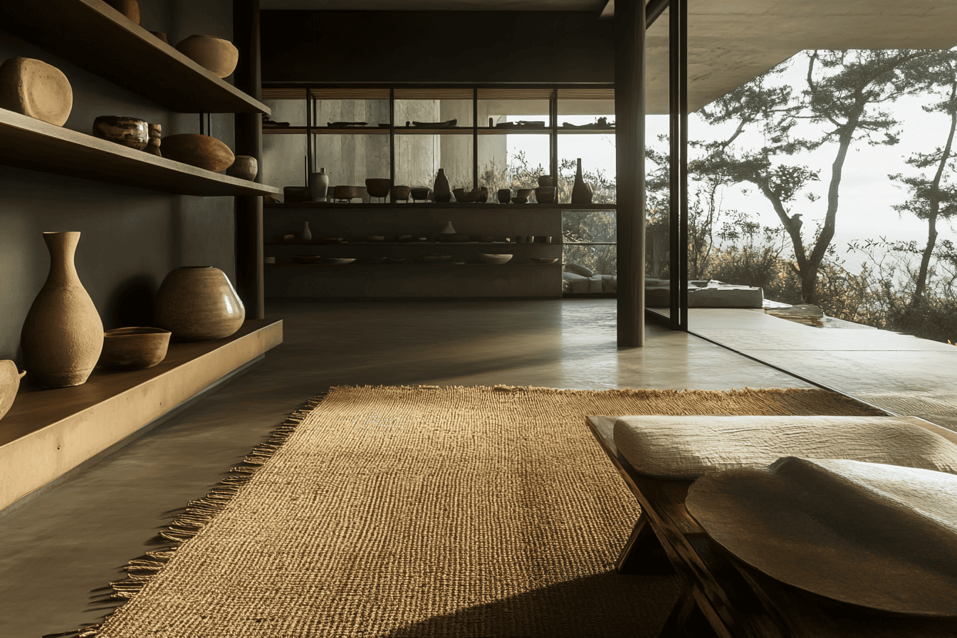 Espace de vie Wabi-Sabi avec céramiques artisanales et tapis en fibres naturelles sous baie vitrée