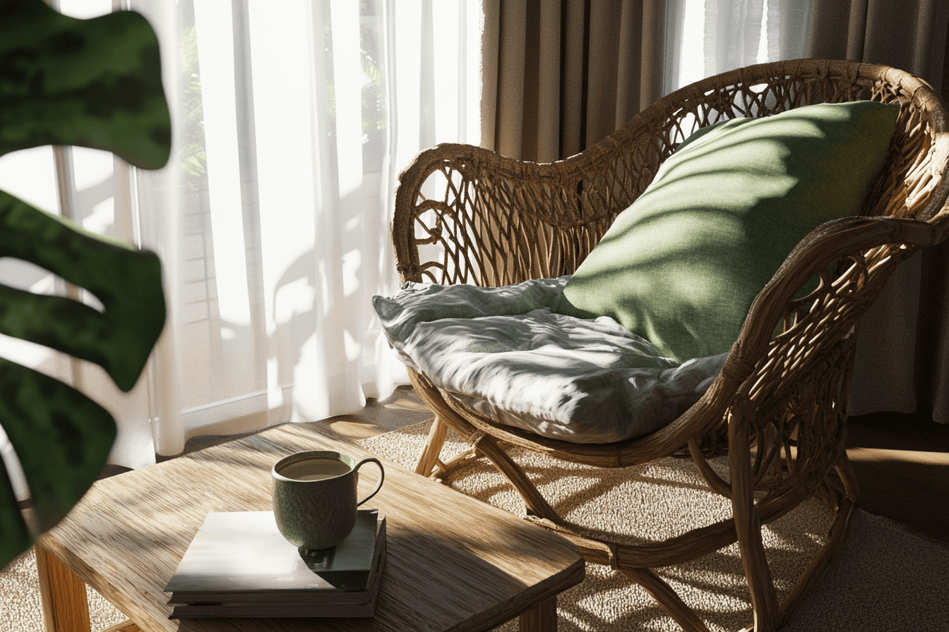 Espace détente avec fauteuil en rotin, coussins vert d’eau, table basse en bois brut et plante verte
