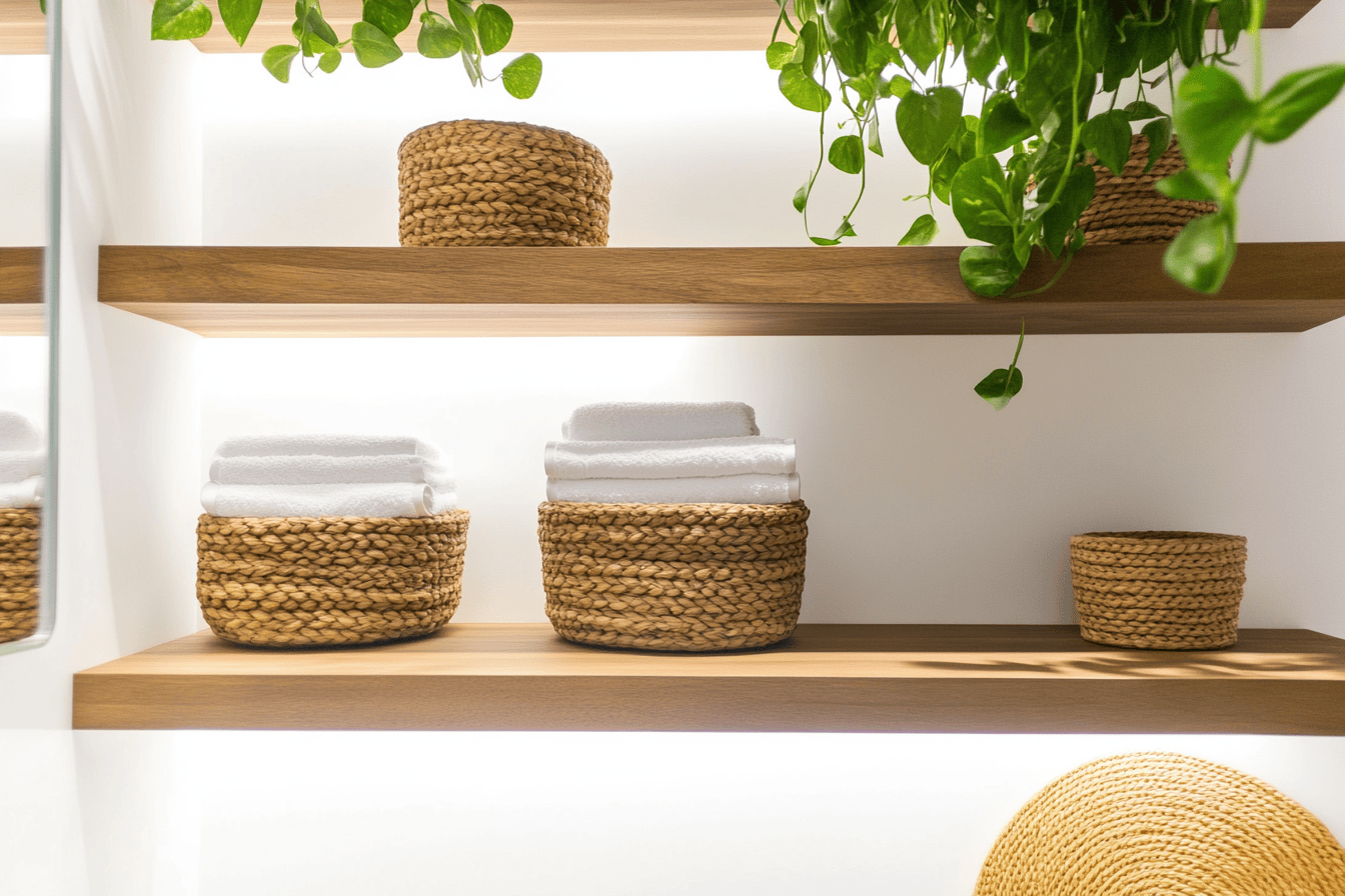 Étagères murales bois clair avec paniers en rotin et plantes suspendues dans une petite salle de bain