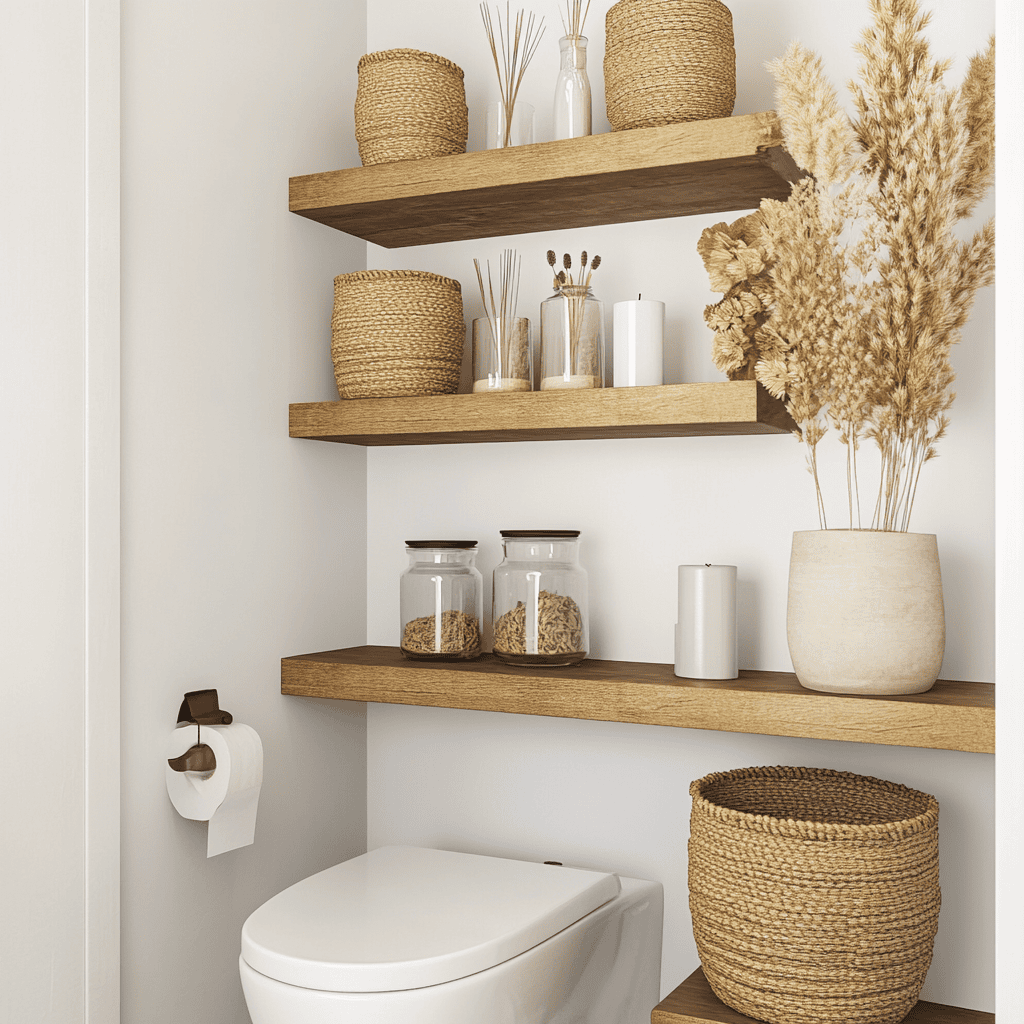 Étagères bois flottantes avec pots en verre et paniers en rotin au-dessus des toilettes