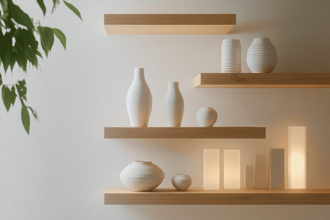 Étagère moderne décorée de vases design et de bougies minimalistes