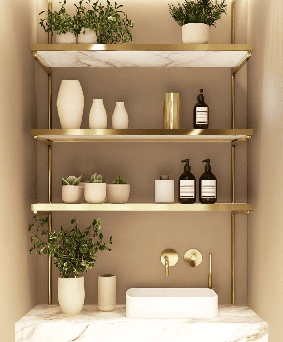 Étagères en laiton décorées de bougies et plantes dans des toilettes raffinées