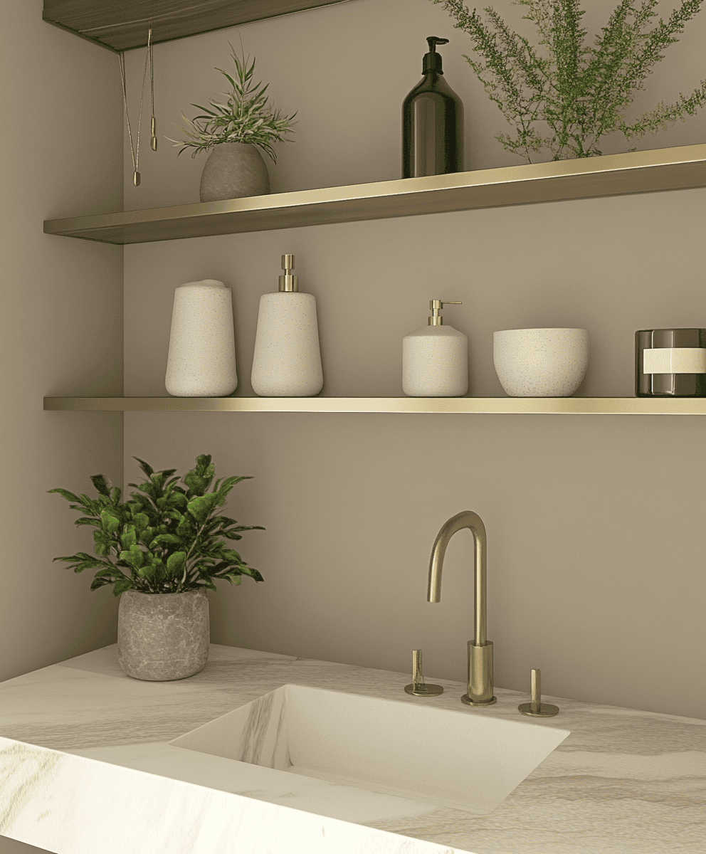 Étagères en laiton décorées de bougies et plantes dans des toilettes raffinées
