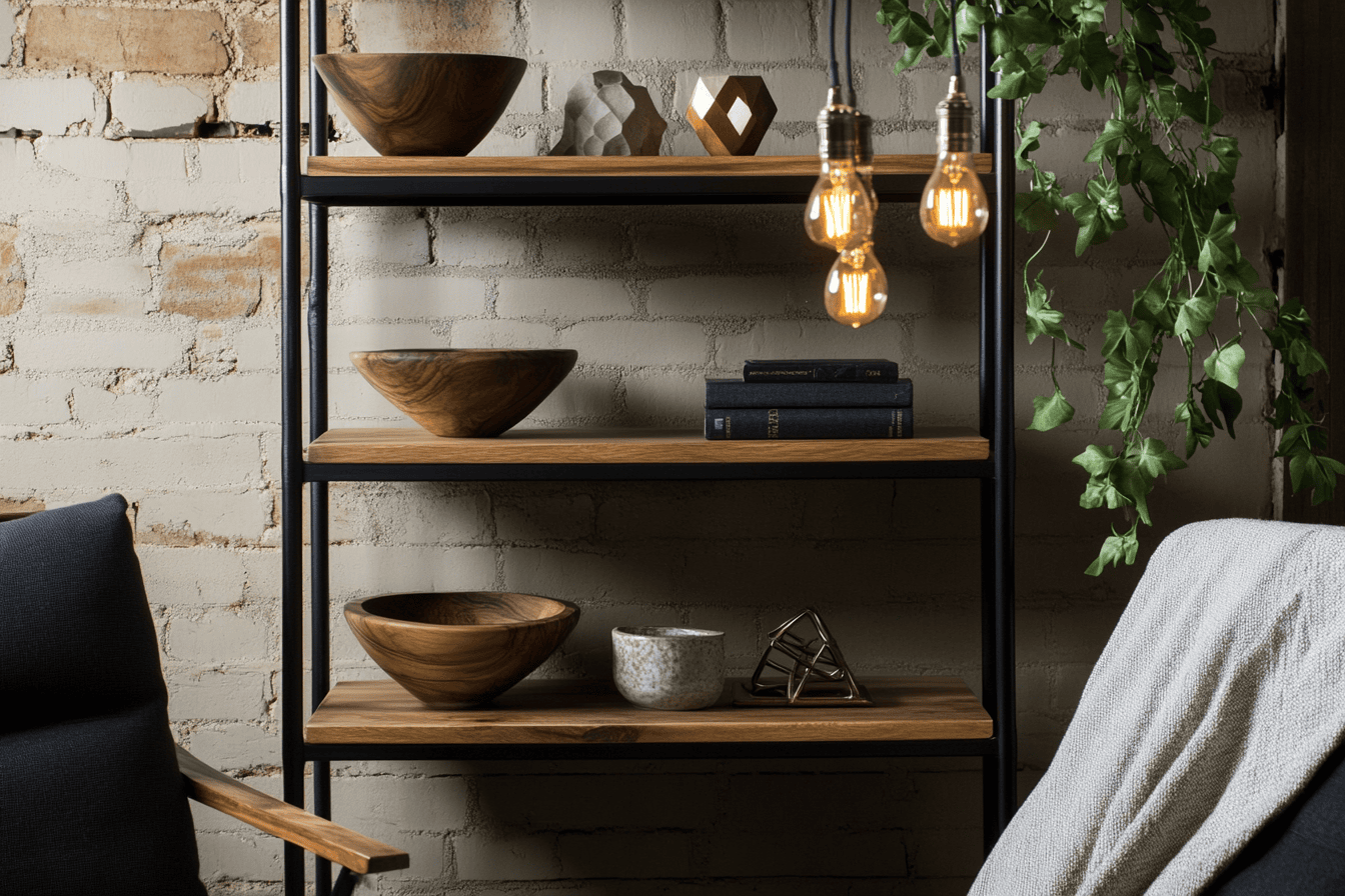 Étagère en métal noir et objets déco en bois pour une touche industrielle chaleureuse