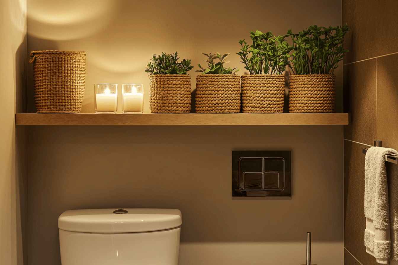Étagère murale avec paniers en rotin et plantes tombantes dans une petite salle de bain