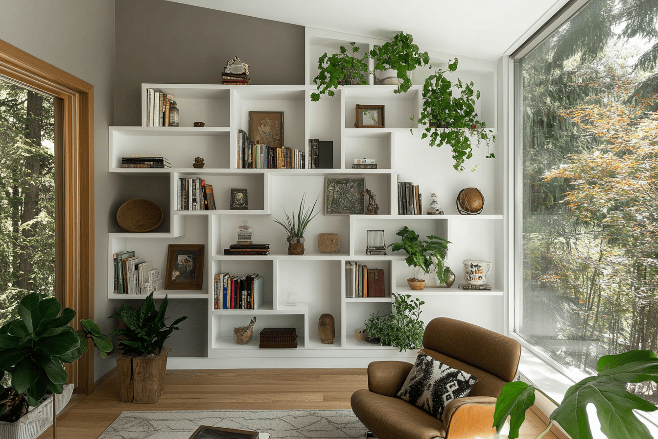 Mur décoré avec des étagères blanches, plantes en pot, livres colorés et objets déco