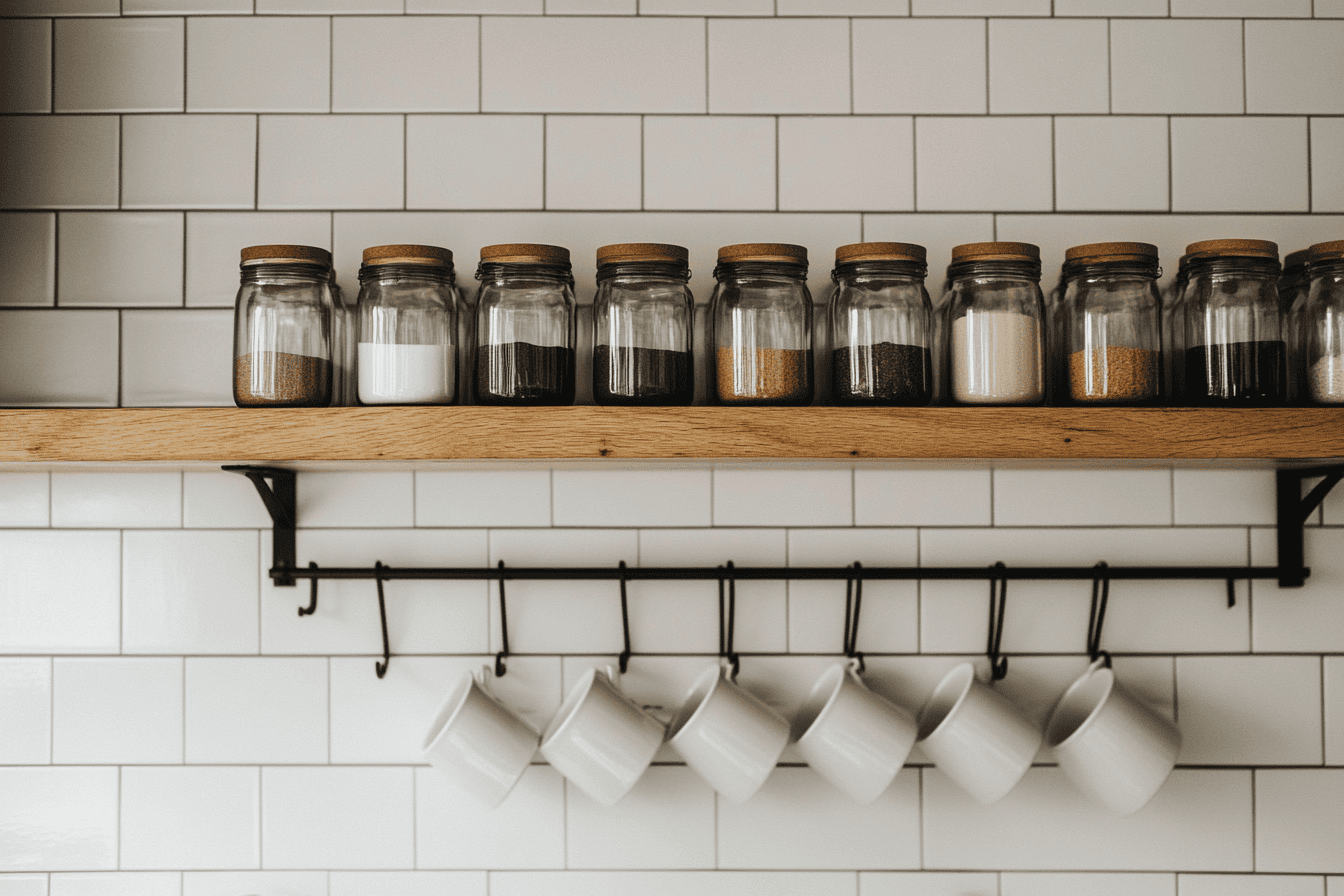 Étagère murale avec bocaux d’épices et tasses suspendues pour une cuisine organisée