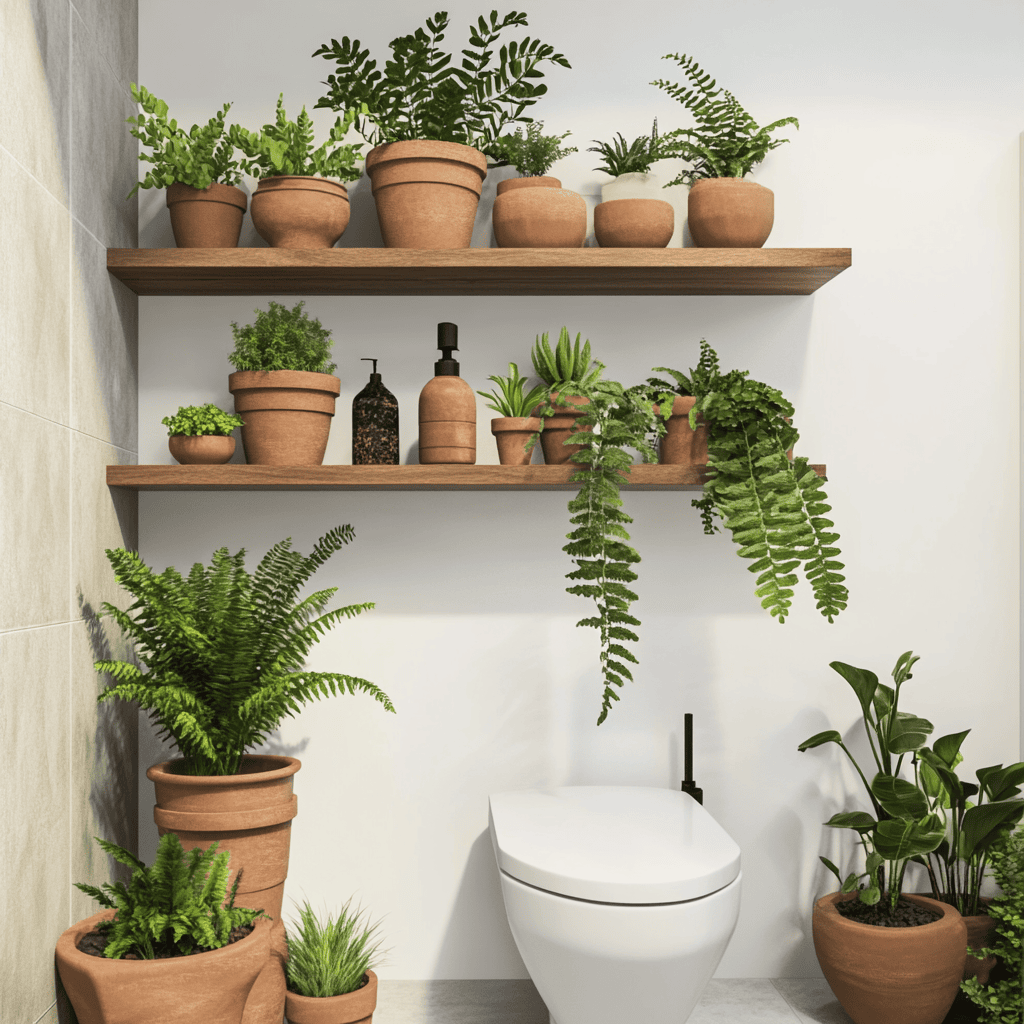 Étagère au-dessus des toilettes avec pots en terre cuite et plantes vertes retombantes